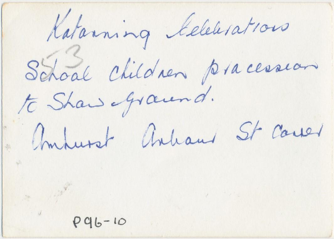 Back of photograph of Children Marching on Amherst Street