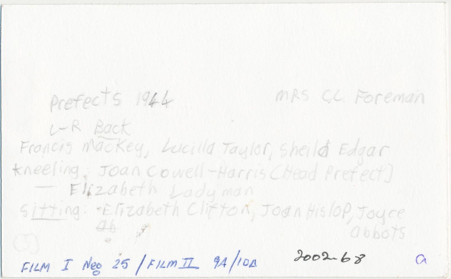 Back of photograph of Kobeelya Prefects
