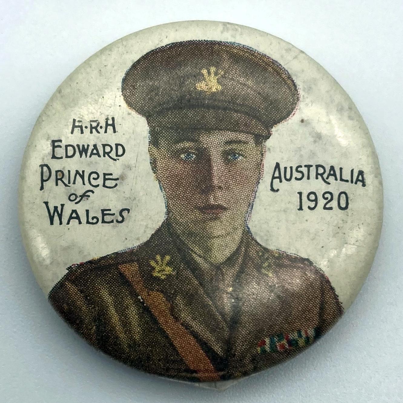 Souvenir button featuring H.R.H. Edward, Prince of Wales, Australia 1920