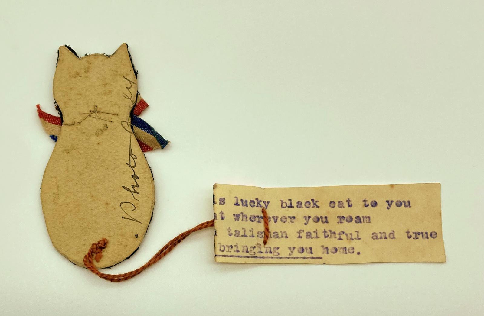 WWI Good Luck charm - black cat and attached verse from behind
