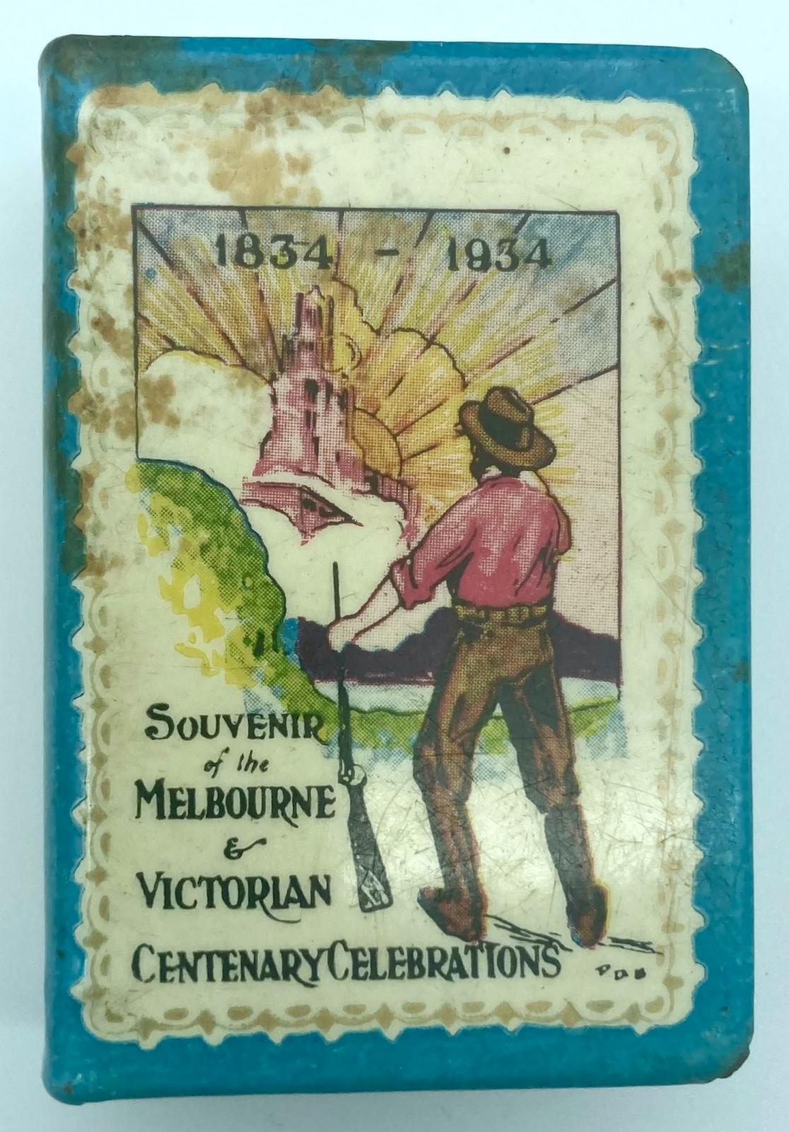 Centenary of Melbourne souvenir metal matchbox - front view
