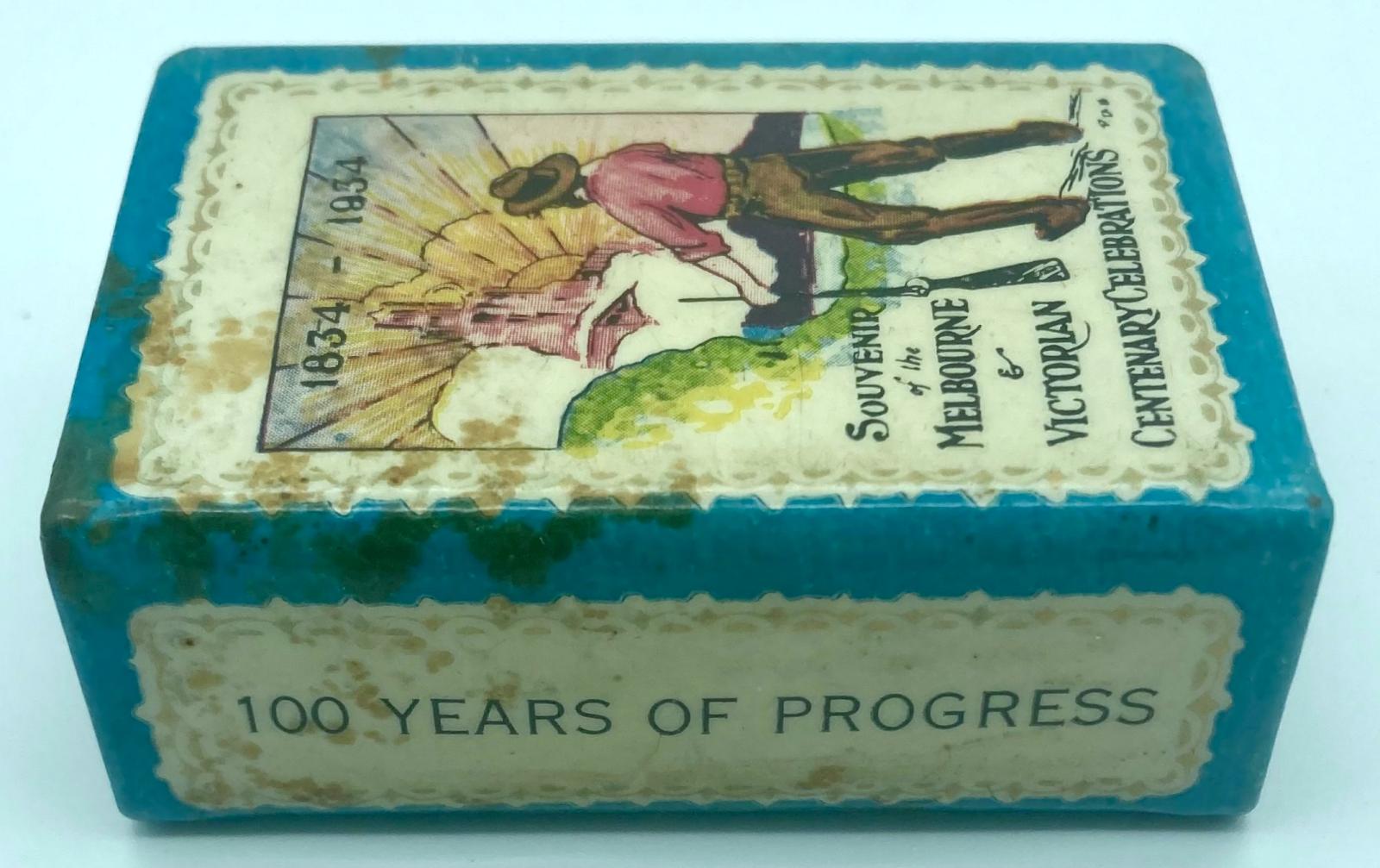 Centenary of Melbourne souvenir metal matchbox - side view