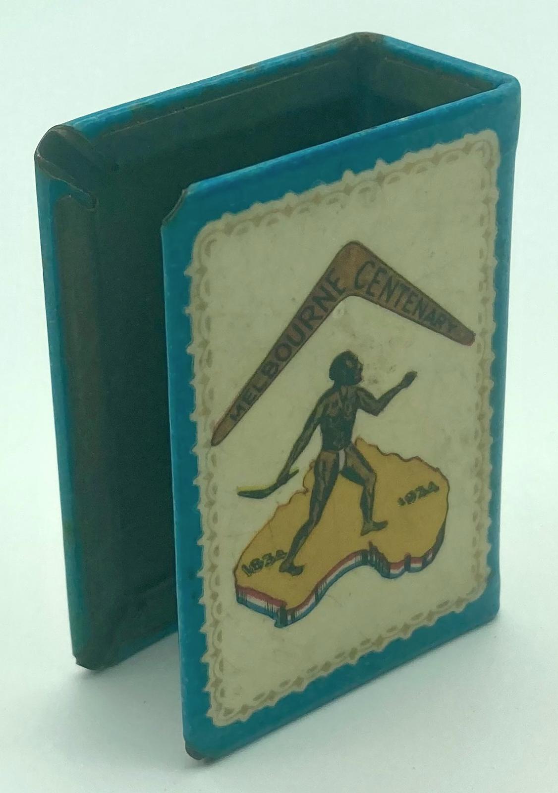 Centenary of Melbourne souvenir metal matchbox - back oblique view