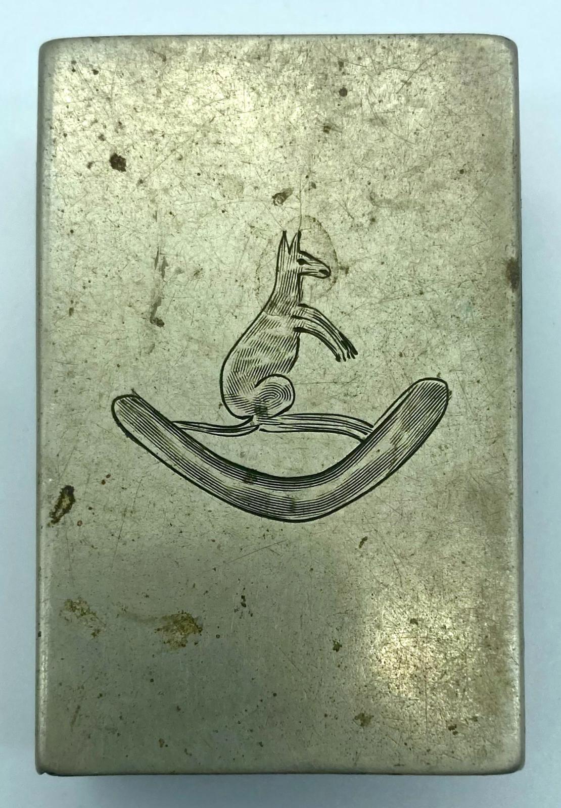 Metal matchbox cover featuring engraving of a kangaroo on a boomerang - front view