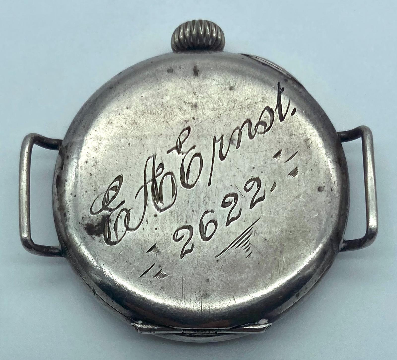 Reverse of WWI trench watch presented to Ernest Allen Ernst 