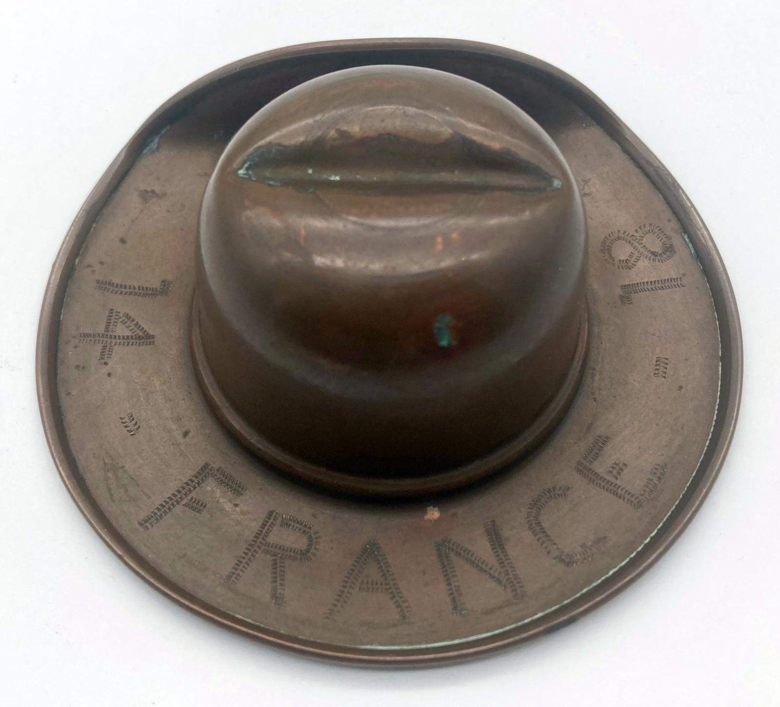 WWI trench art copper slouch hat - top view showing engraving