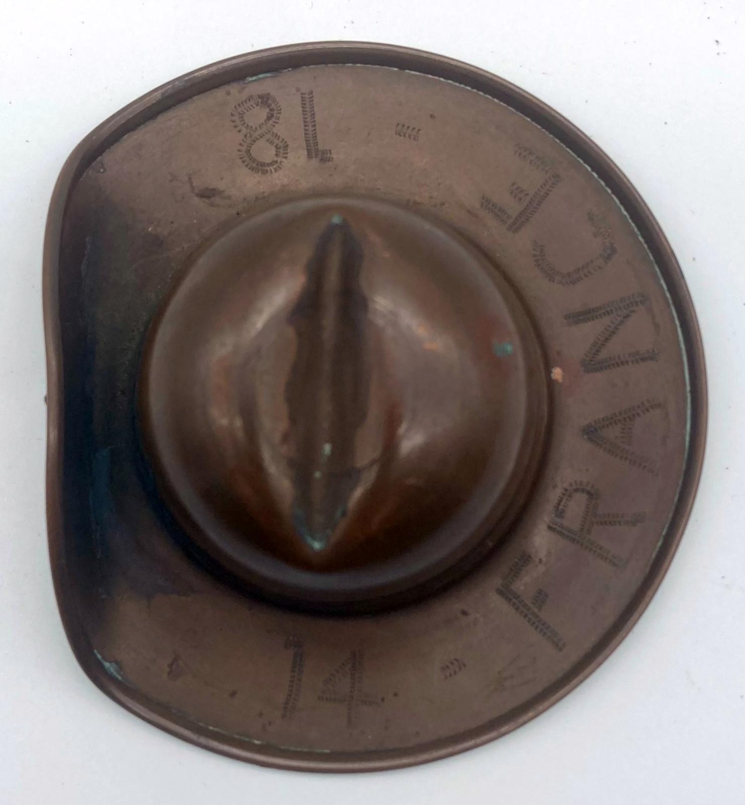 WWI trench art copper slouch hat - top view showing engraving