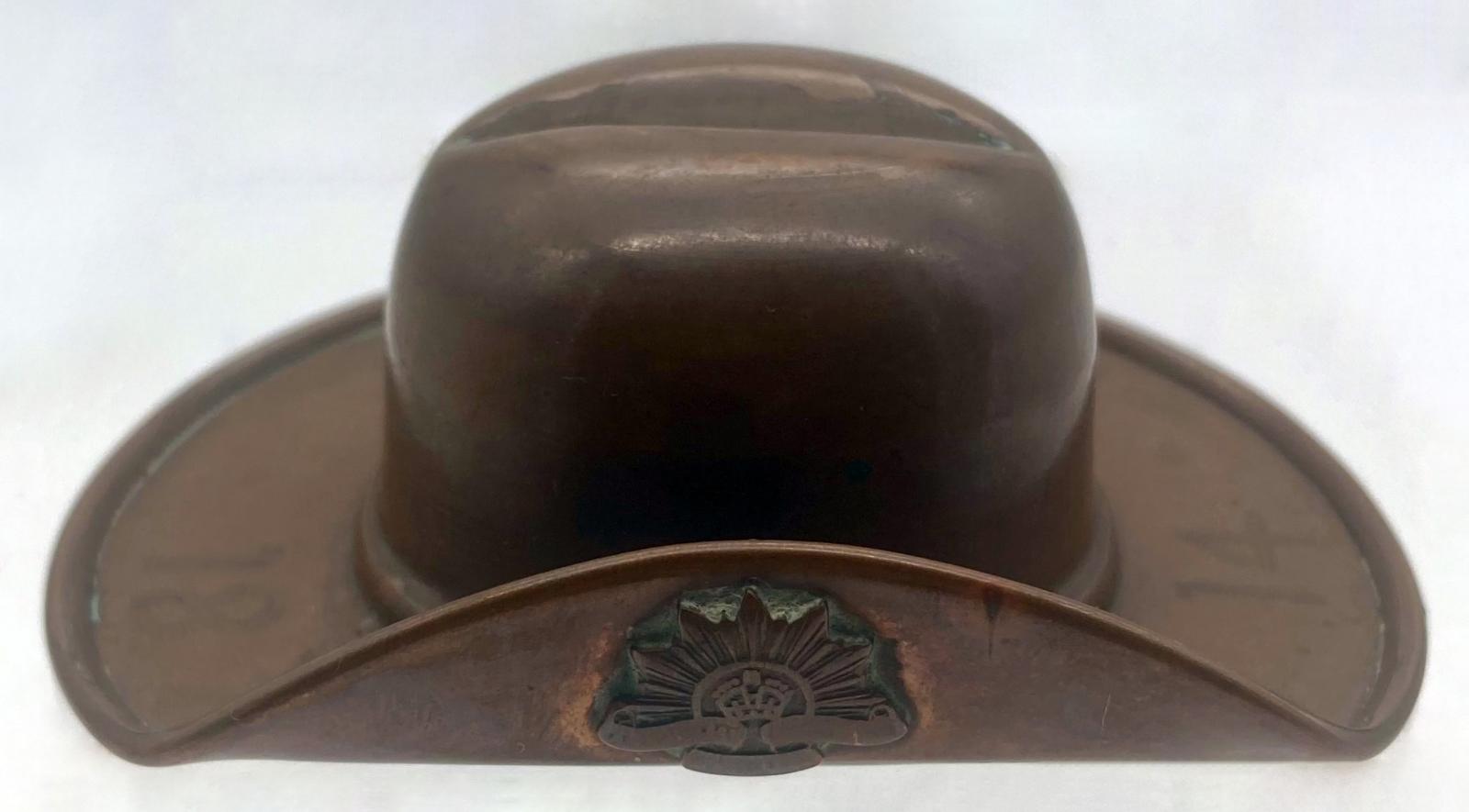 WWI trench art copper slouch hat - side view showing rising sun badge