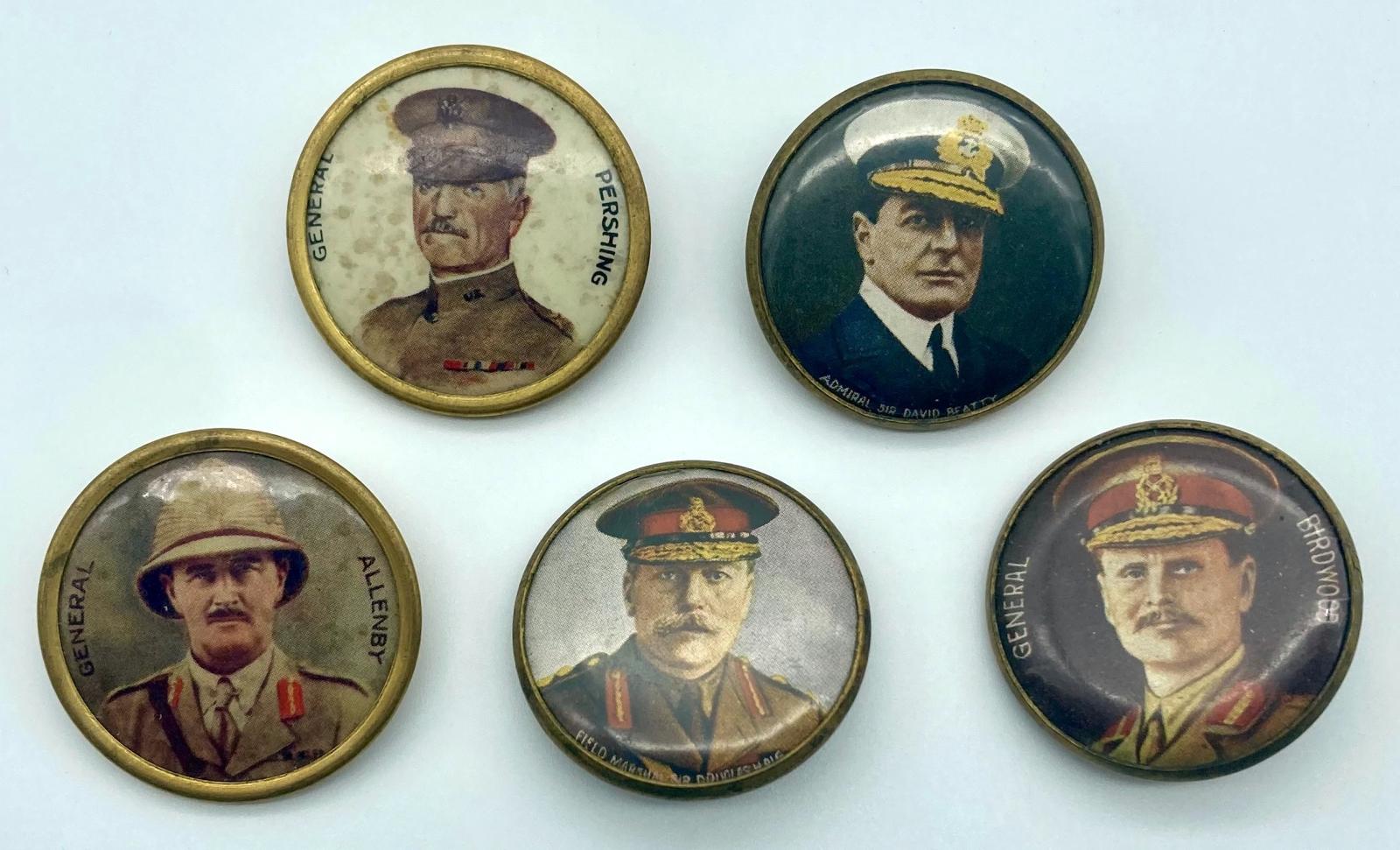 Five buttons featuring military leaders from World War One