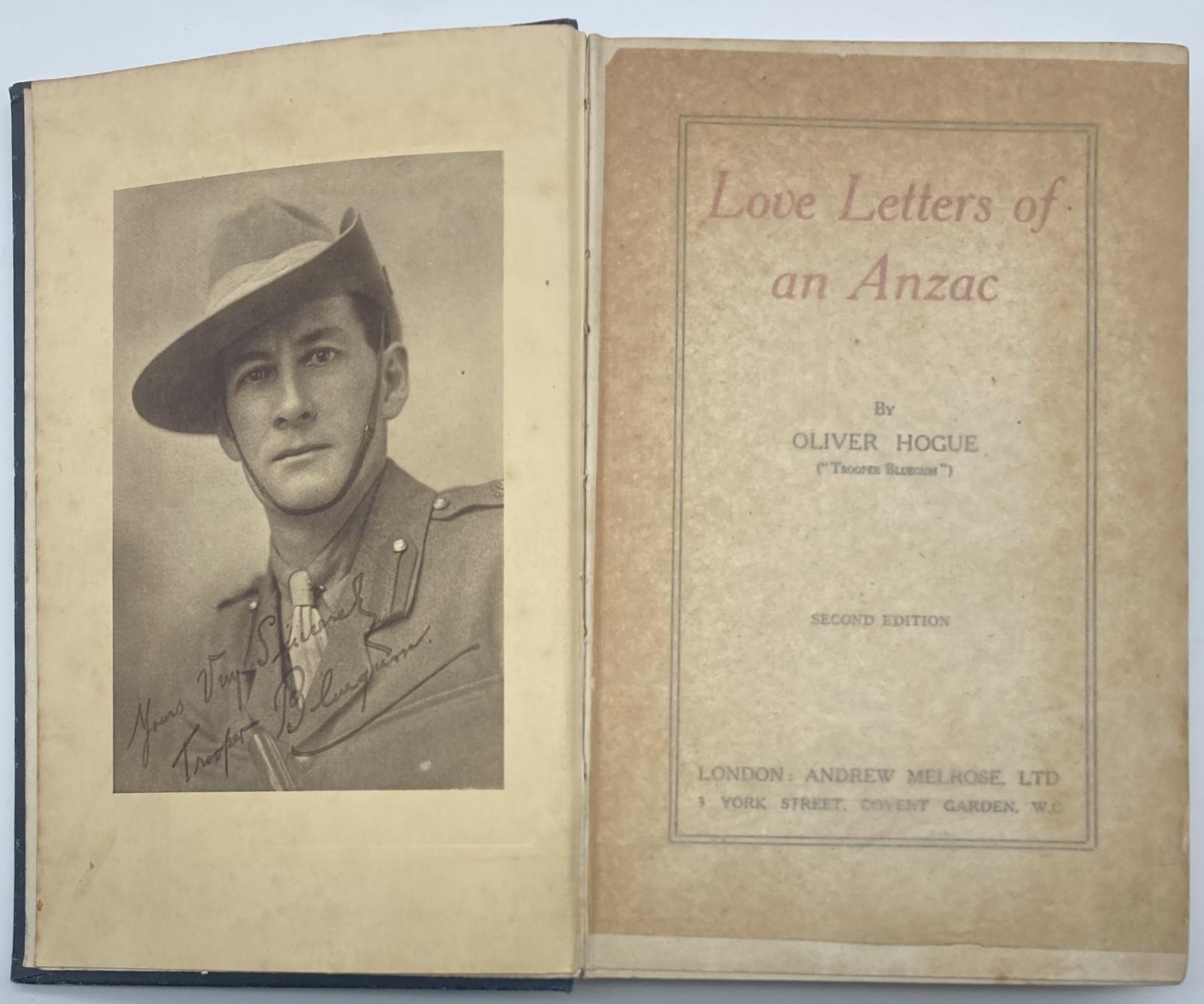 Title page and portrait from 'Love Letters of an ANZAC' by ('Trooper Bluegum') Oliver Hogue