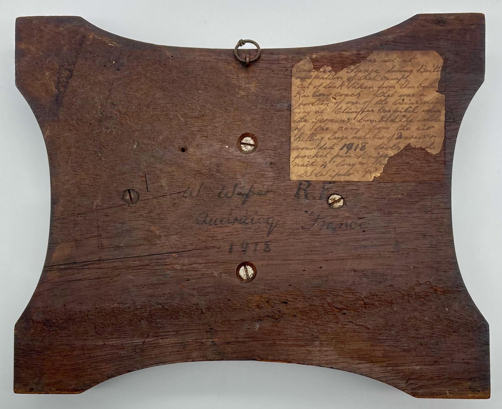 WWI Trench art carving made by William Wiper, Royal Engineers - reverse
