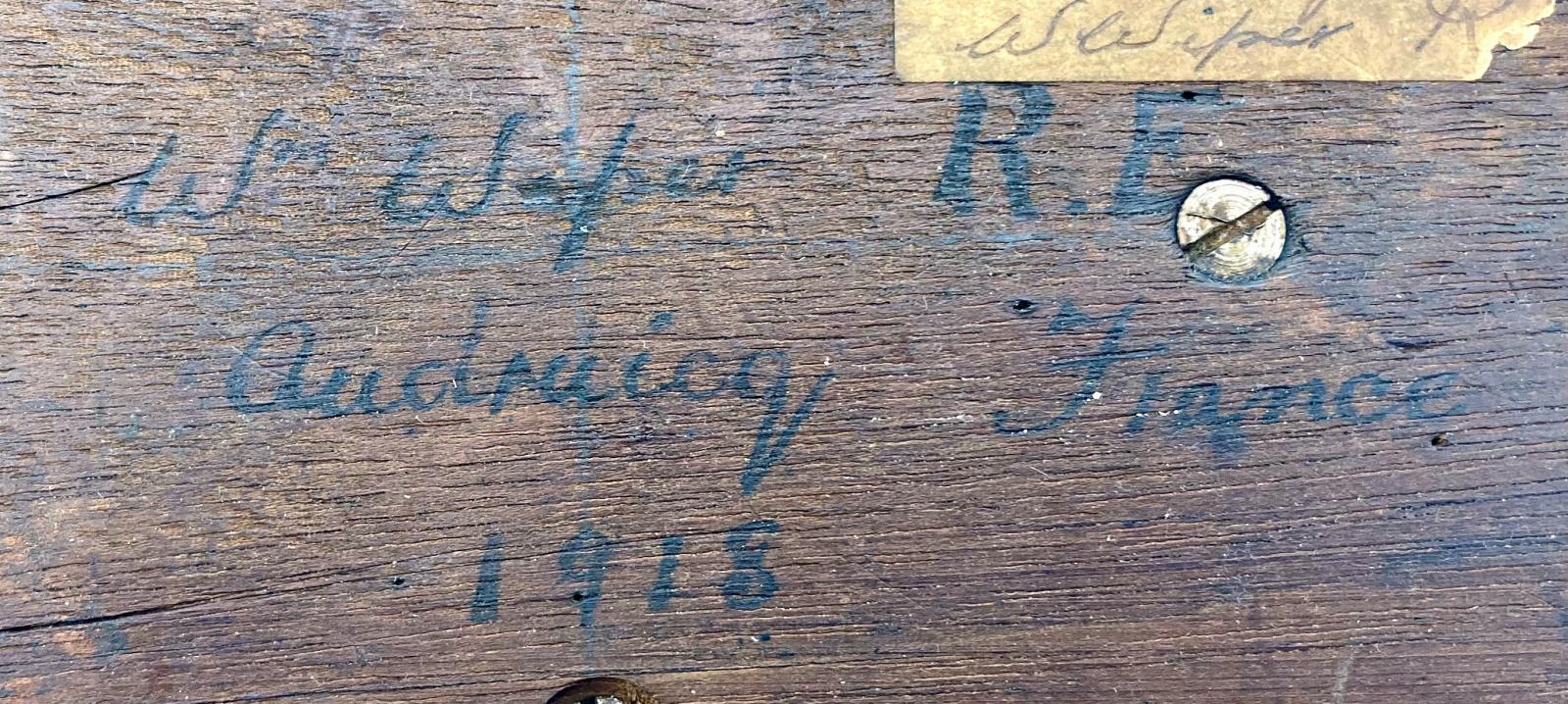 WWI Trench art carving made by William Wiper, Royal Engineers - reverse showing maker's details