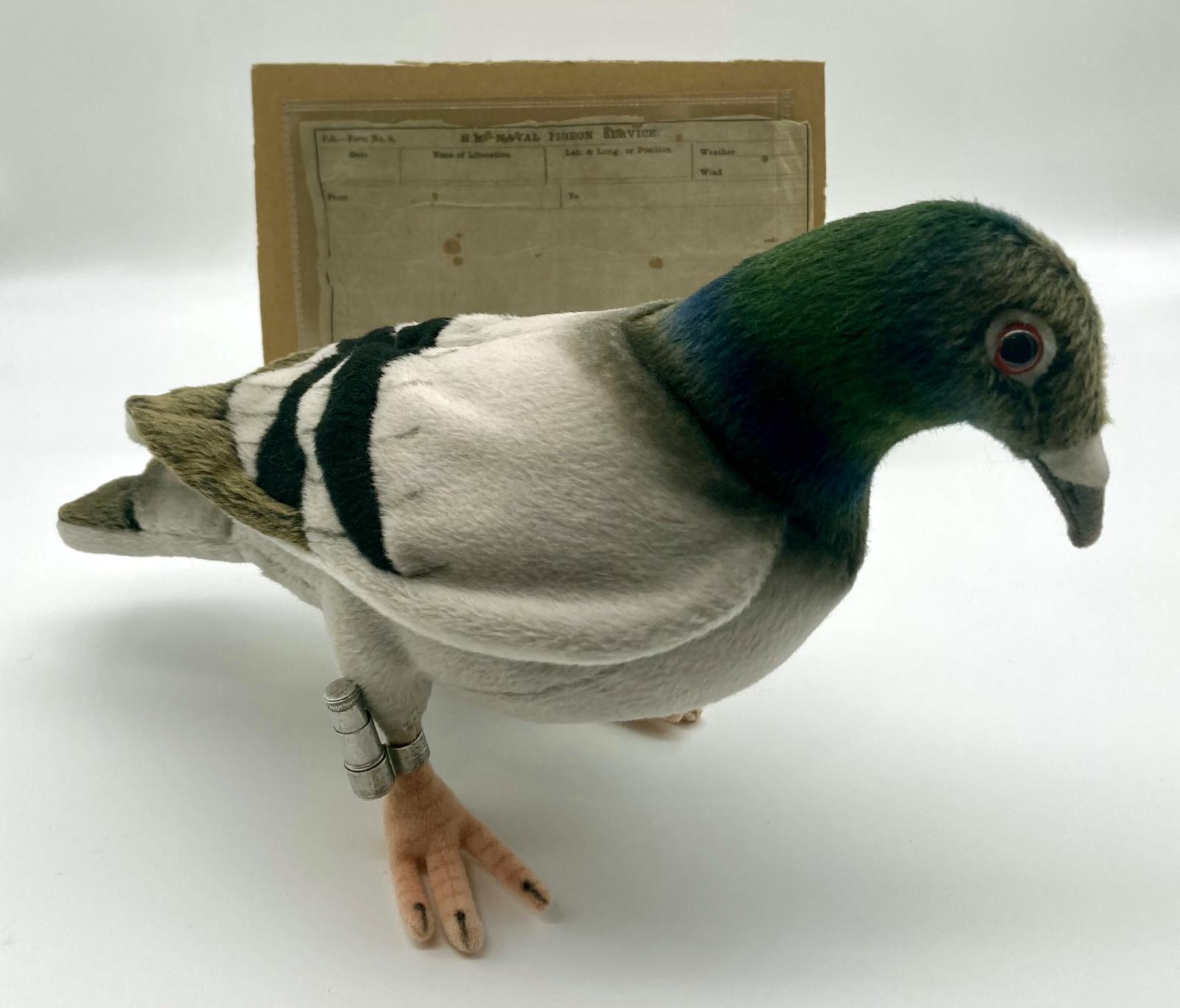 Pigeon canister displayed on leg of plush pigeon with message form in background