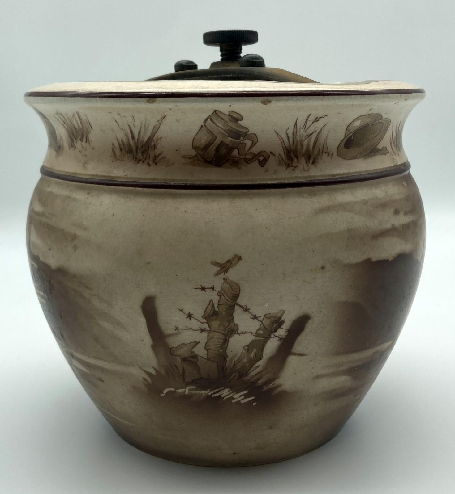 WWI era tobacco jar featuring Bruce Bairnsfather cartoon - other side view