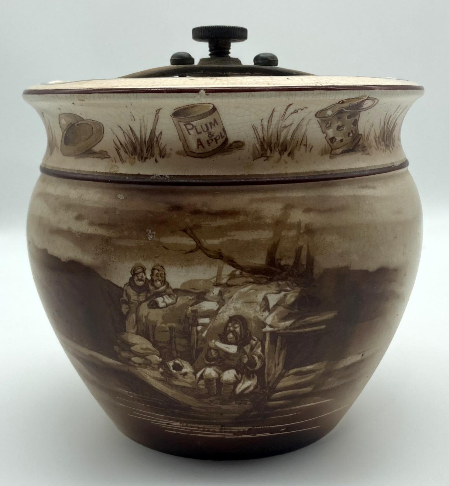 WWI era tobacco jar featuring Bruce Bairnsfather cartoon - side view