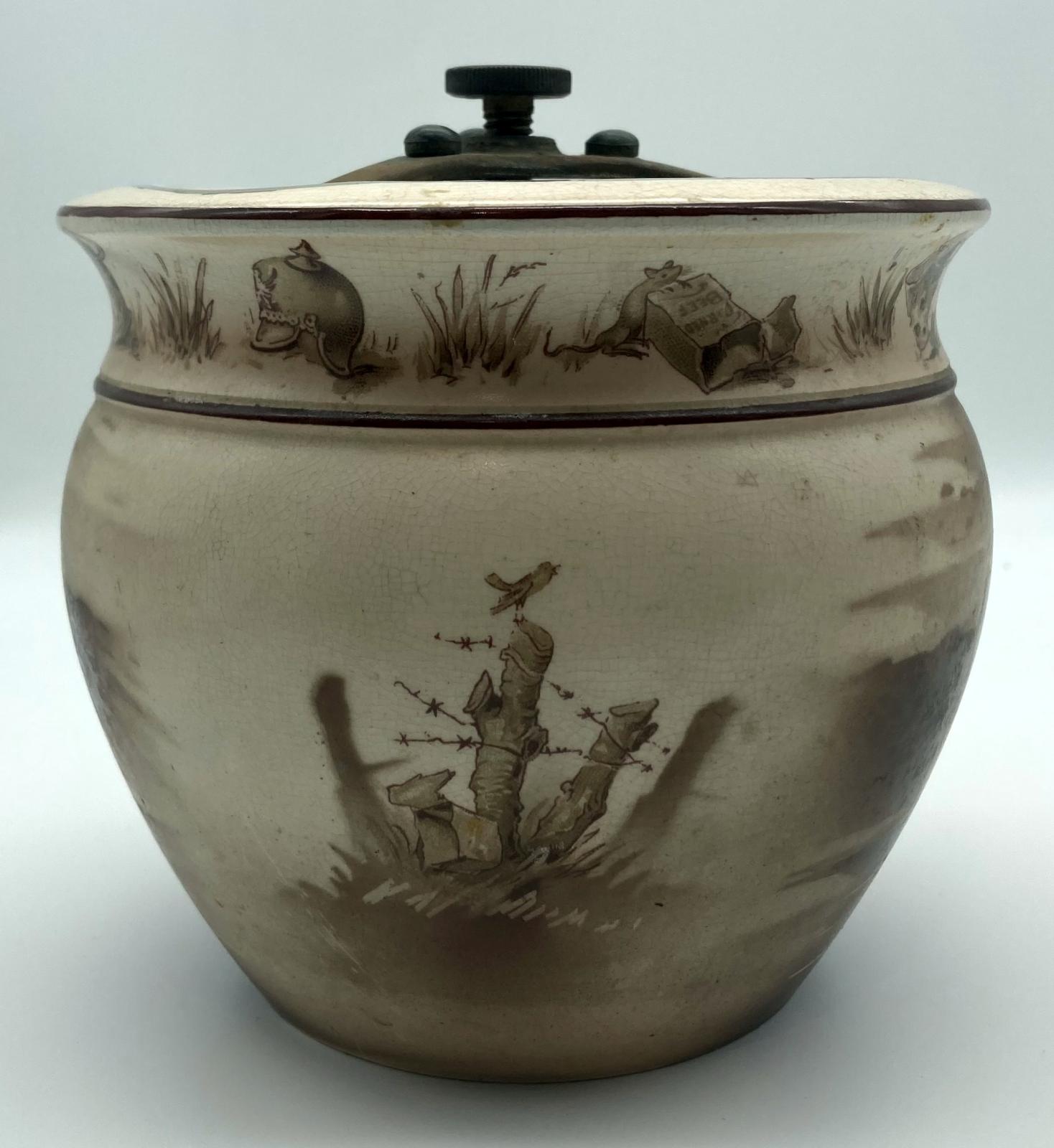 WWI era tobacco jar featuring Bruce Bairnsfather cartoon - fourth side view
