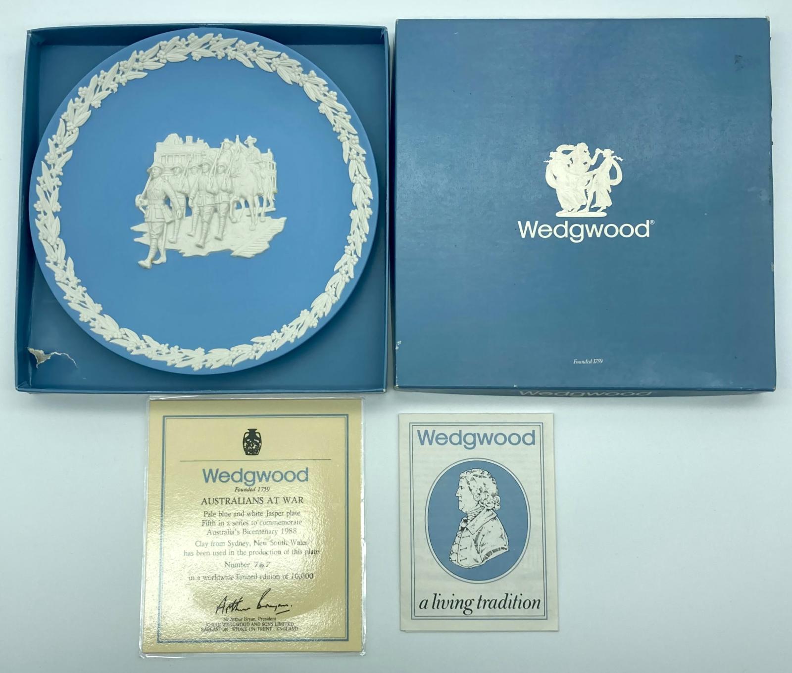 Wedgwood blue jasperware plate 'Australians at War', box and certificate
