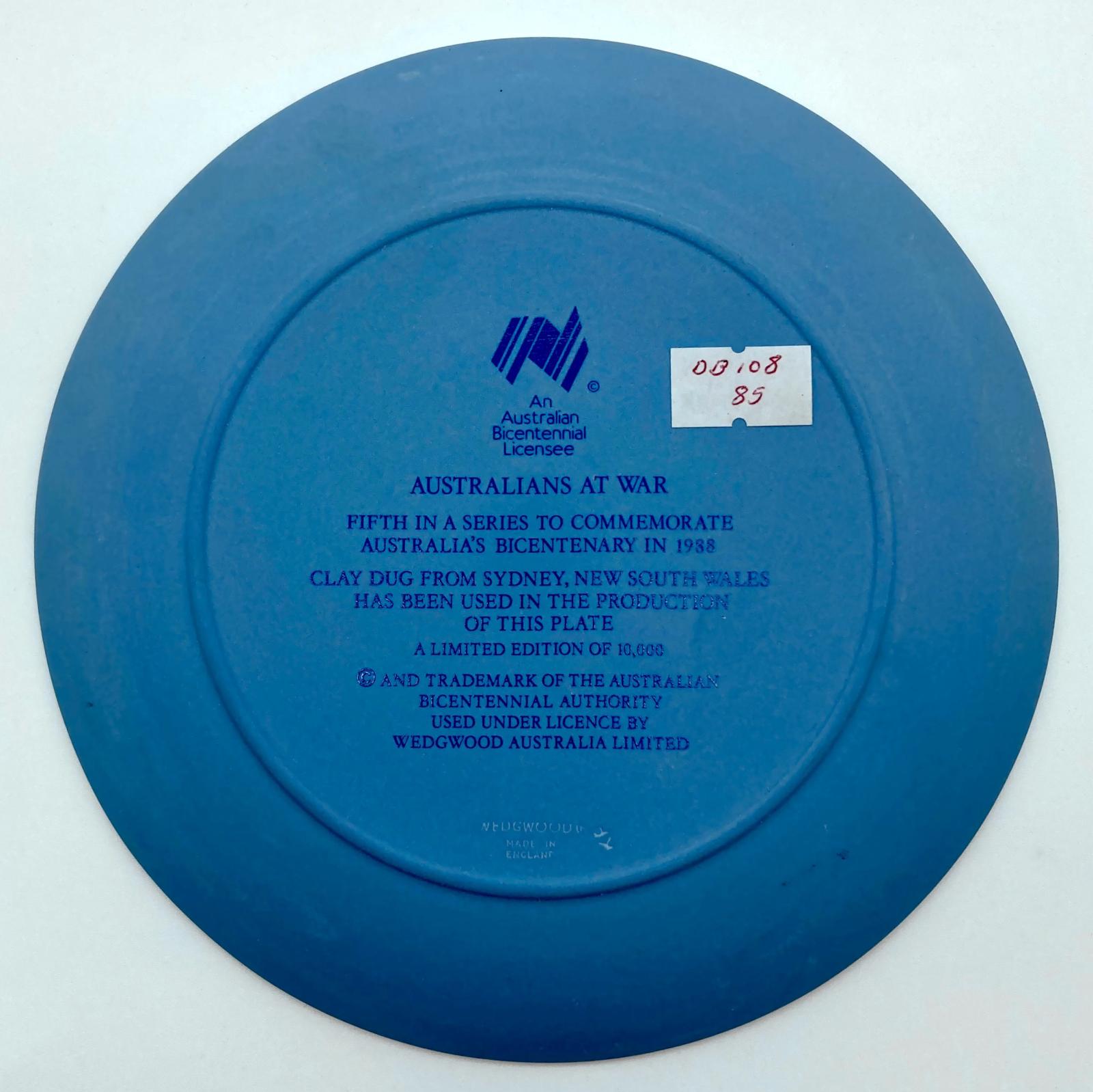 Reverse of Wedgwood blue jasperware plate 'Australians at War'