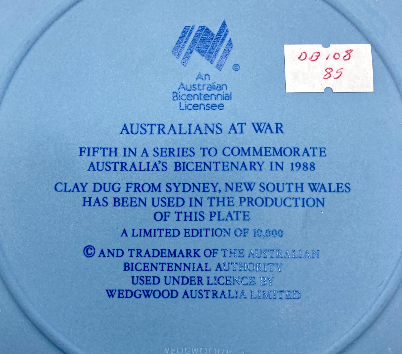 Close up of reverse of Wedgwood blue jasperware plate 'Australians at War'