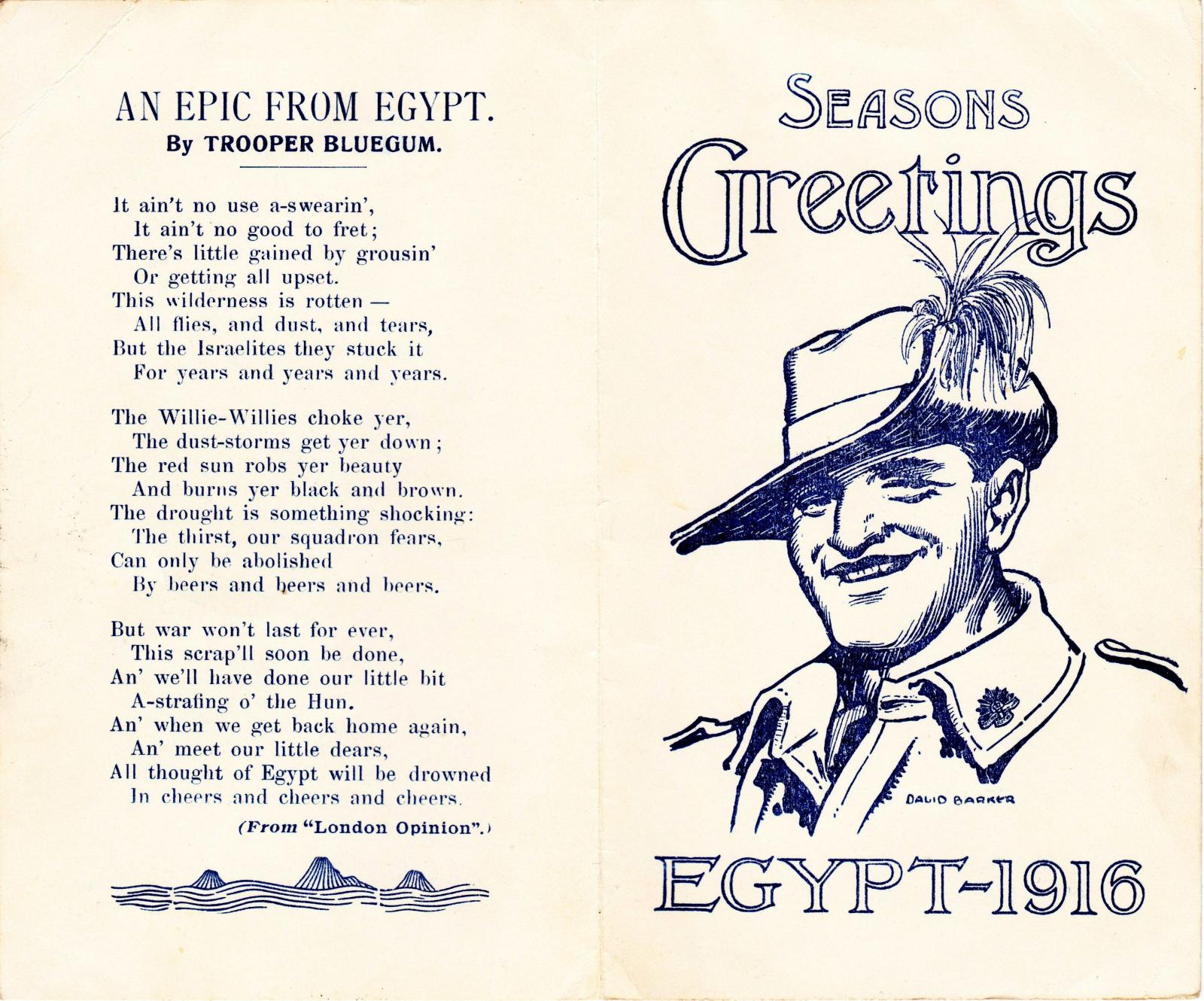 Outside of open Christmas card sent by Trooper Bluegum