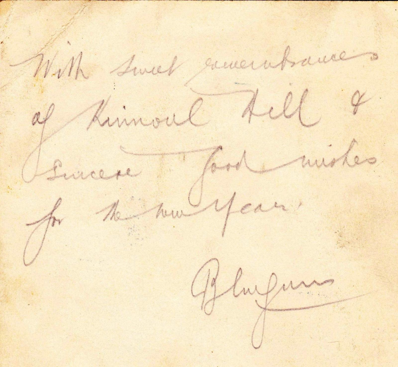 Close-up of inscription on intside of open Christmas card sent by Trooper Bluegum