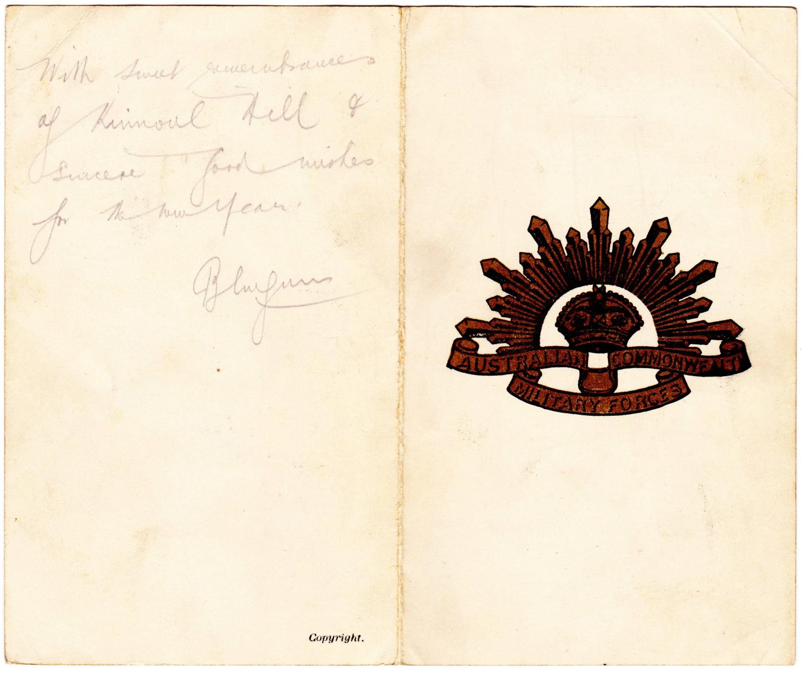 Inside of open Christmas card sent by Trooper Bluegum