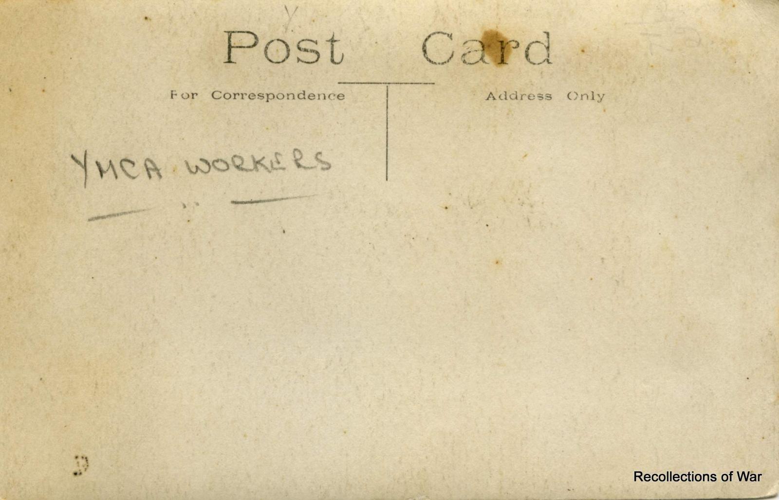 Reverse of WWI photographic postcard of Y.M.C.A. workers