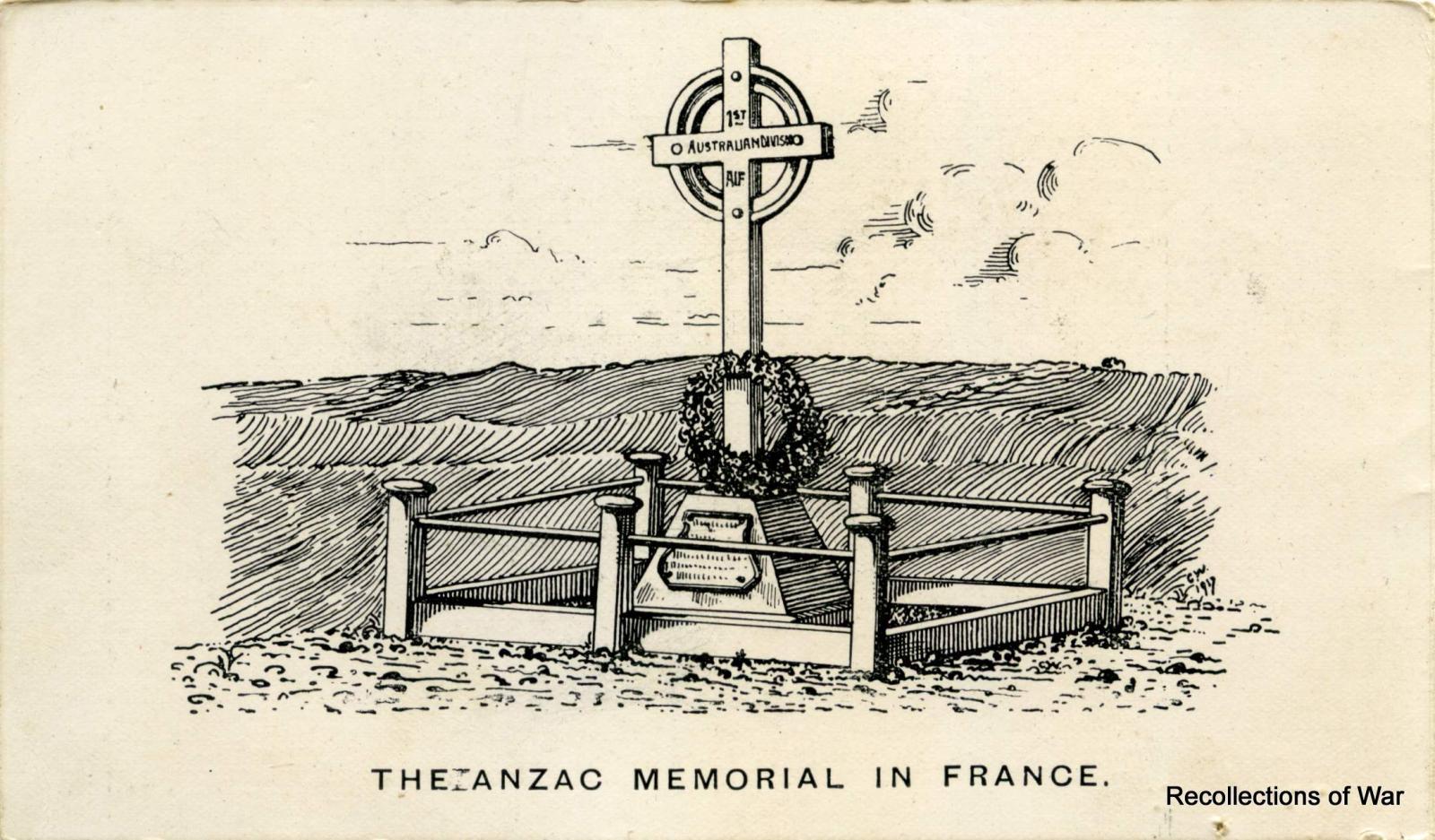 Inside left page of WWI souvenir card relating to the ANZAC Memorial in France