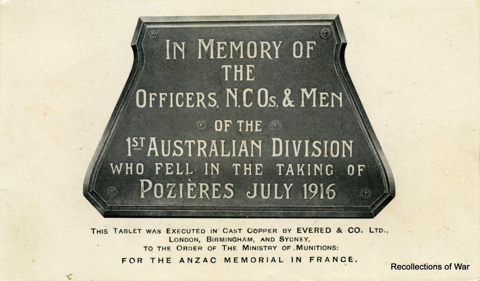 Inside right page of WWI souvenir card relating to the ANZAC Memorial in France