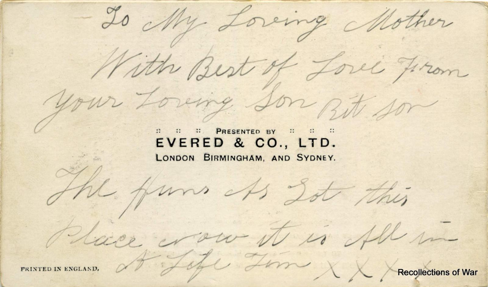 Back cover of WWI souvenir card relating to the ANZAC Memorial in France