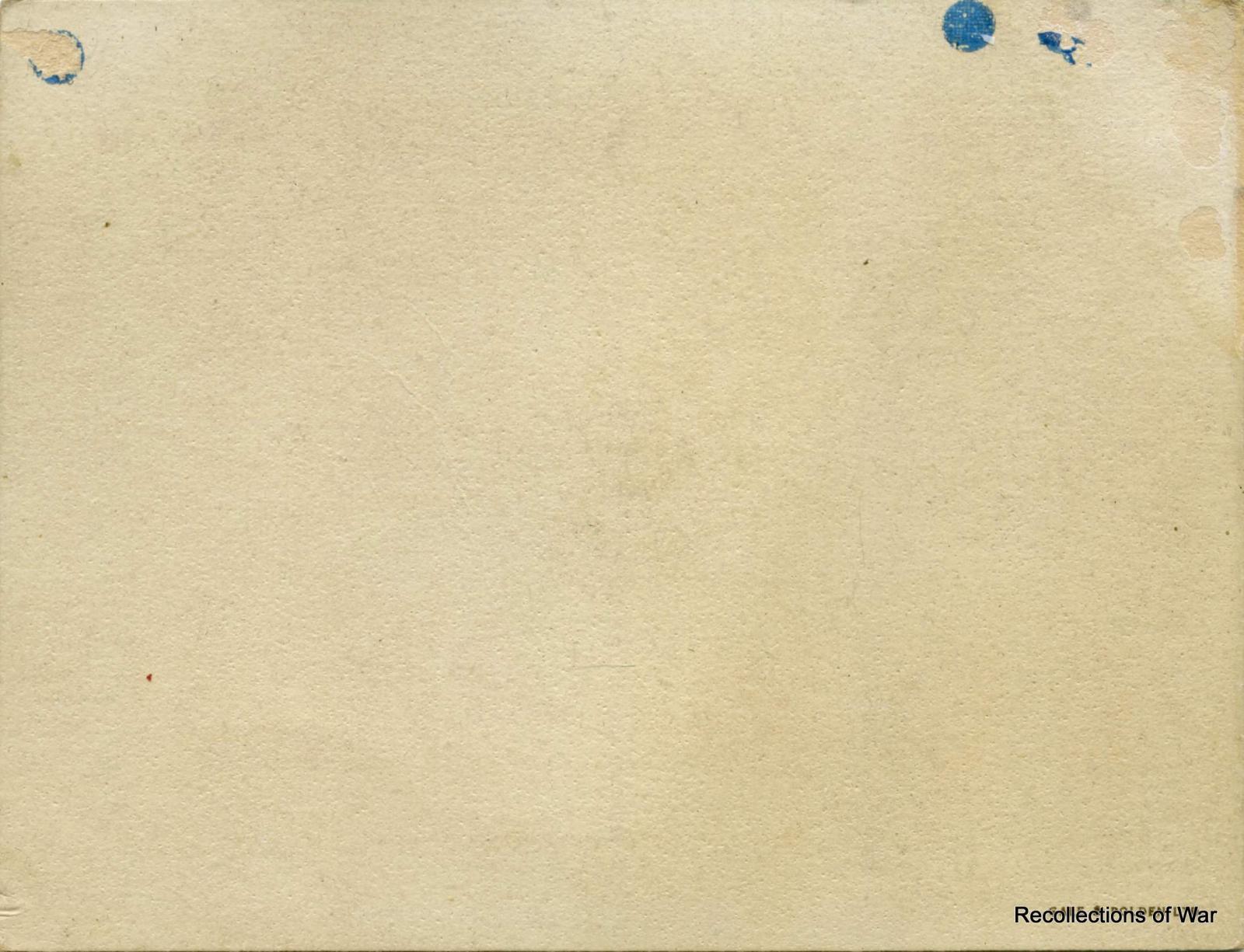 Back cover of card showing printer's details