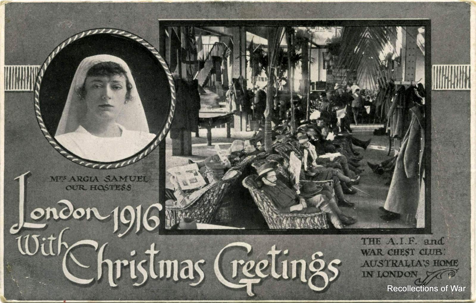 WWI postcard 'London 1916, With Christmas Greetings' - A.I.F. and War Chest Clubs