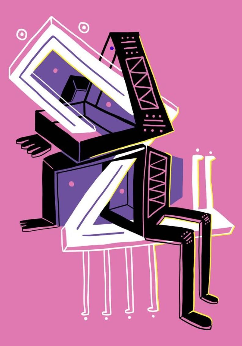 Graphic image. Pink Background with abstract black white and purple figure.