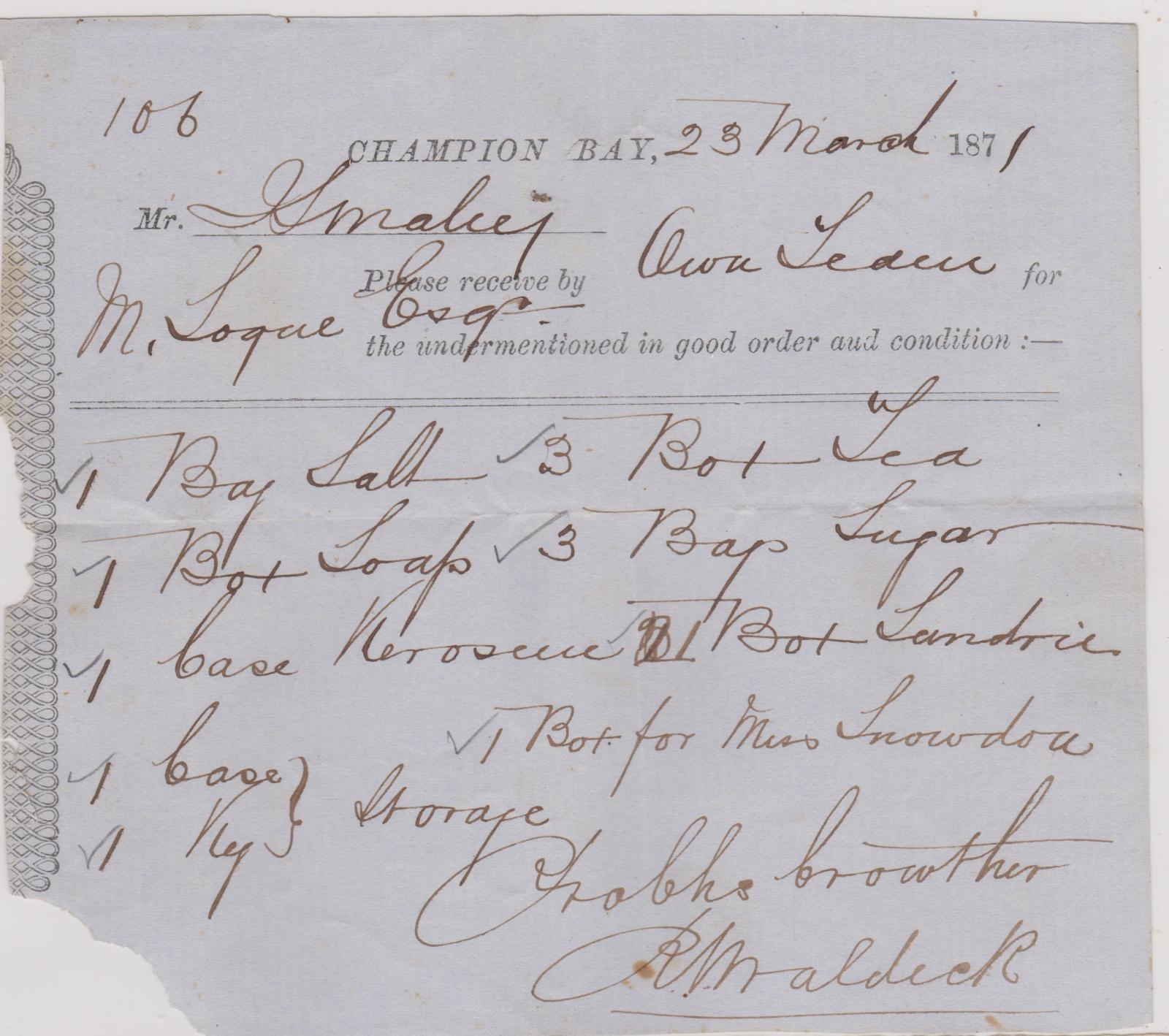 Cart Note no.106 - Goods for M. Logue