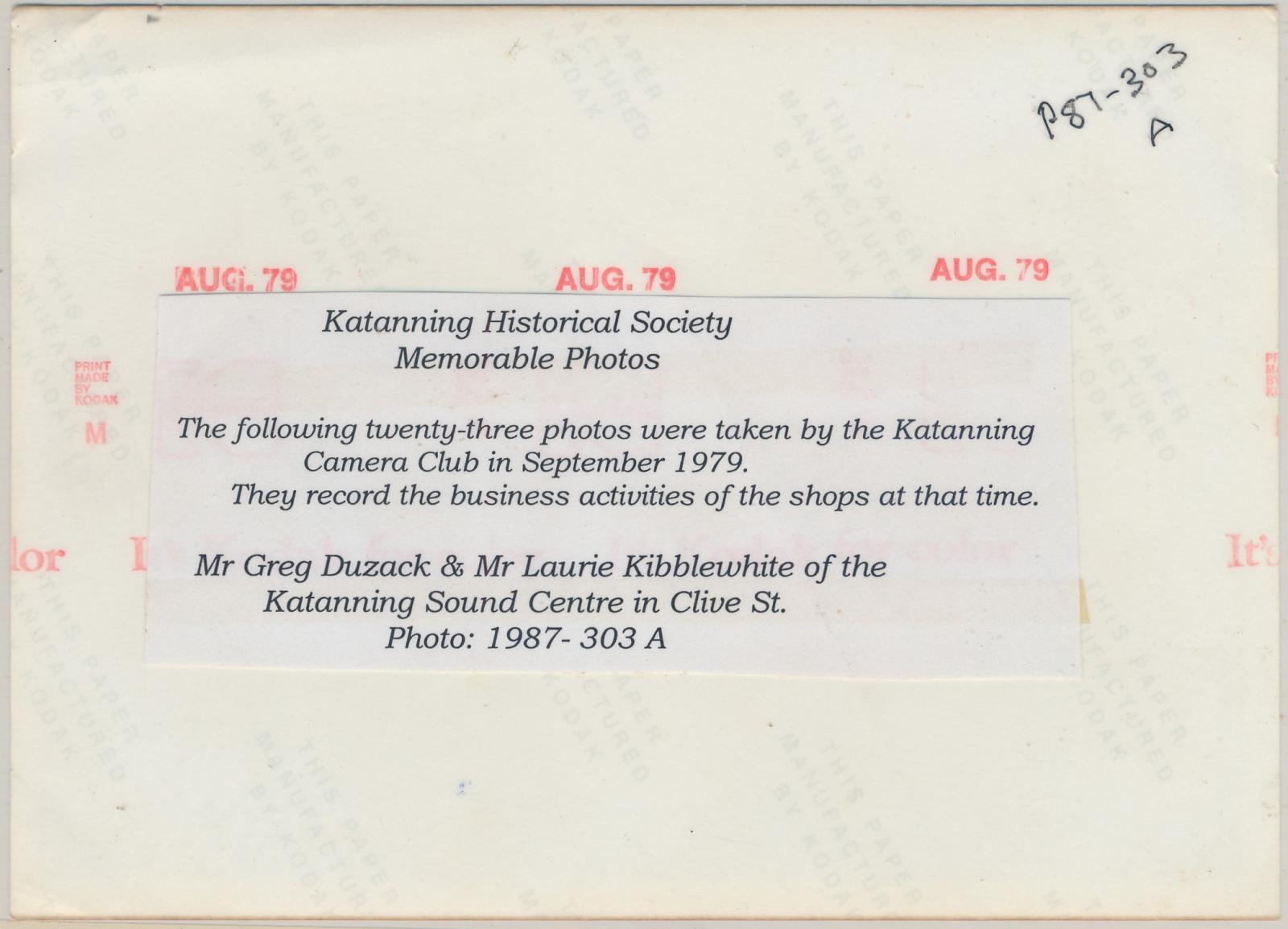 Back of photograph of Katanning Sound Centre
