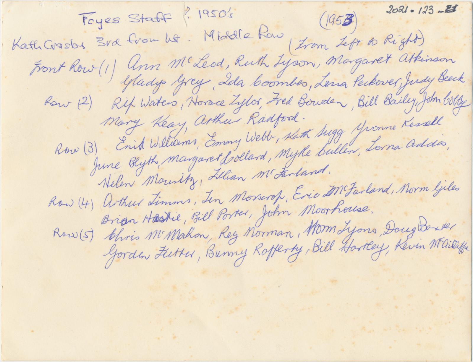 Back of photograph of Foyes Staff 