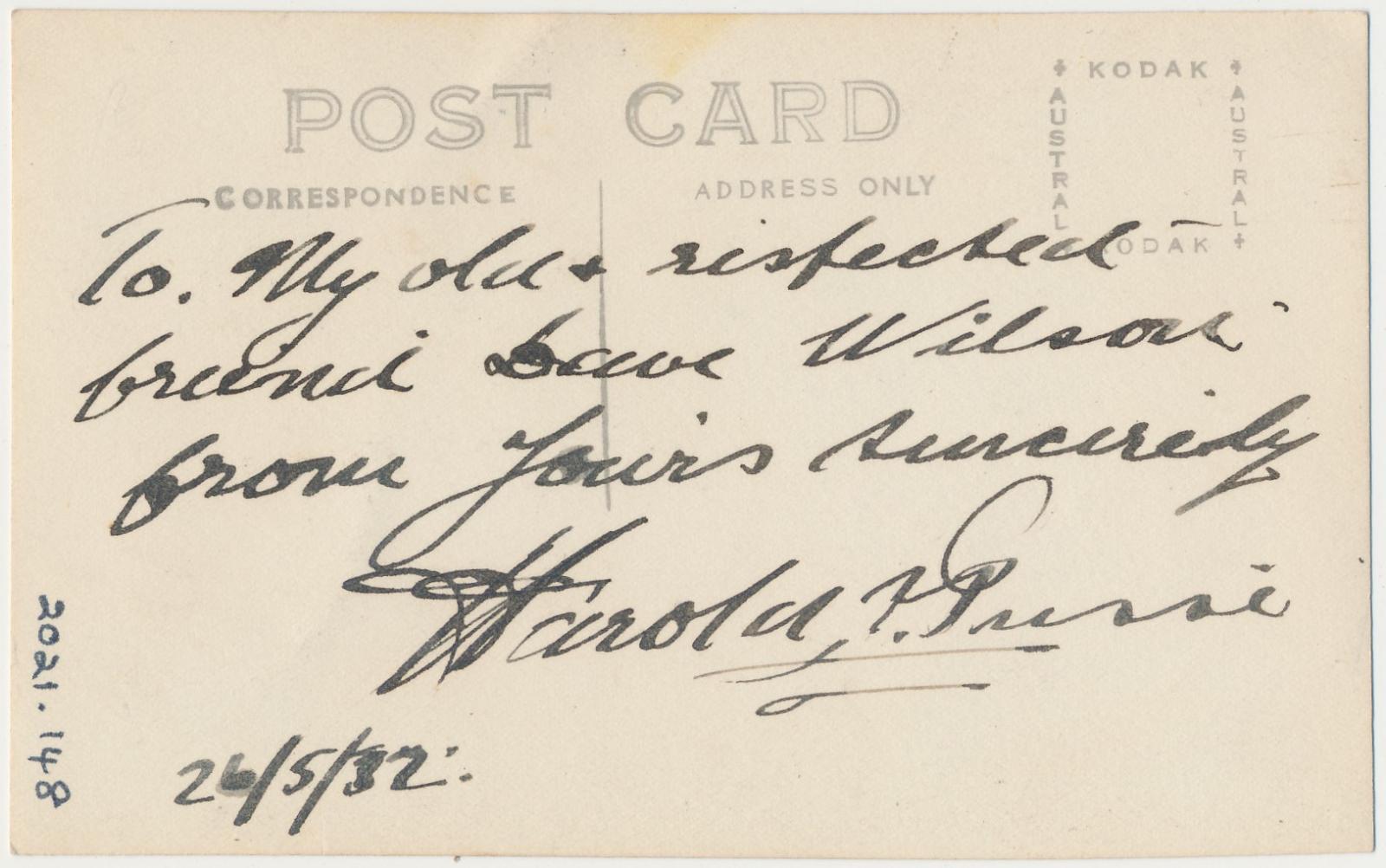 Back of postcard of Harold Vivian Piesse