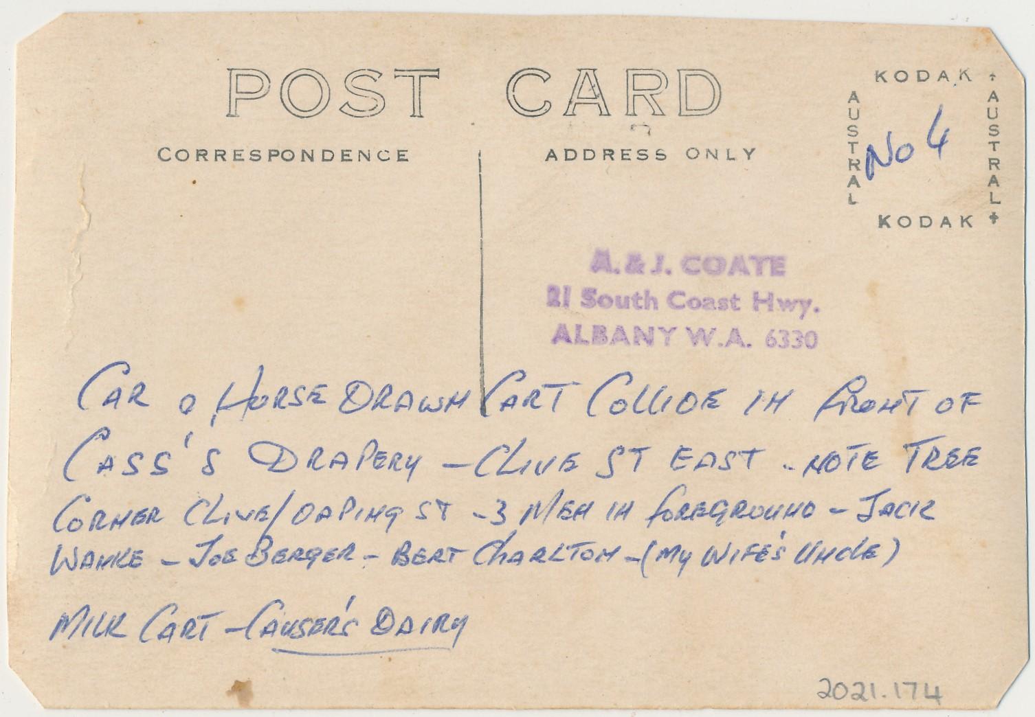 Back of postcard of Car and Horse Drawn Cart Collision on Clive Street