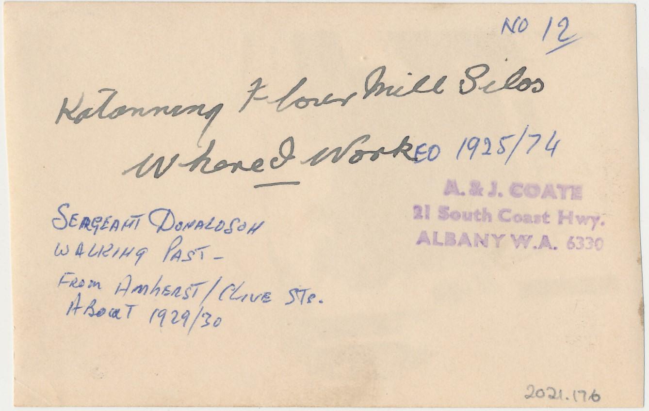 Back of photograph of F.C. Piesse Silos