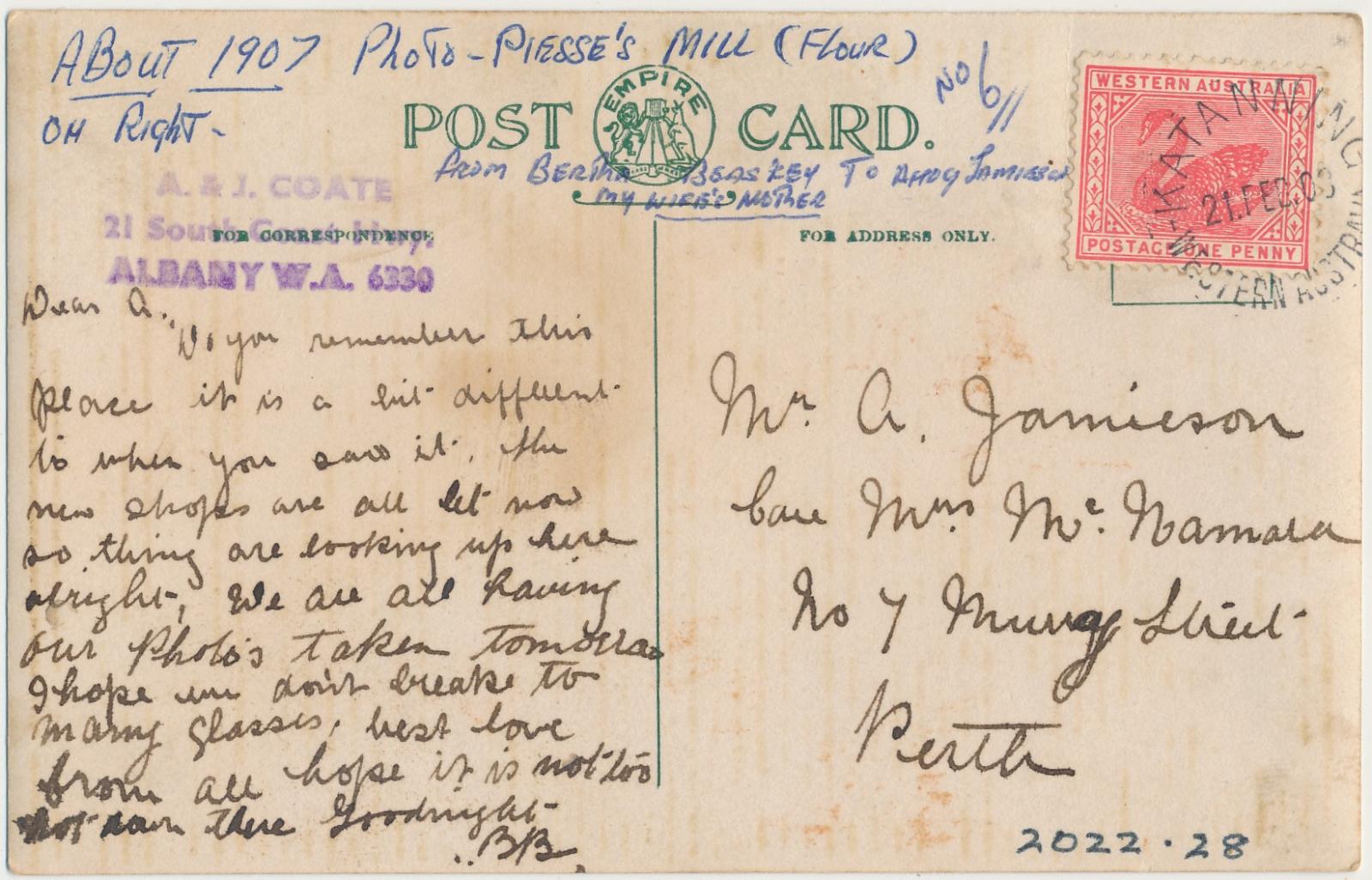 Back of postcard of Austral Terrace, Katanning