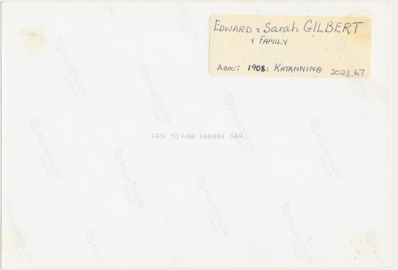 Back of photograph of Edward and Sarah Gilbert