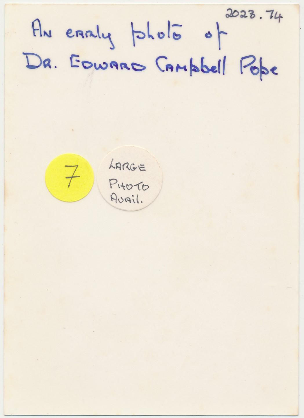 Back of photograph of Dr Edward Campbell Pope