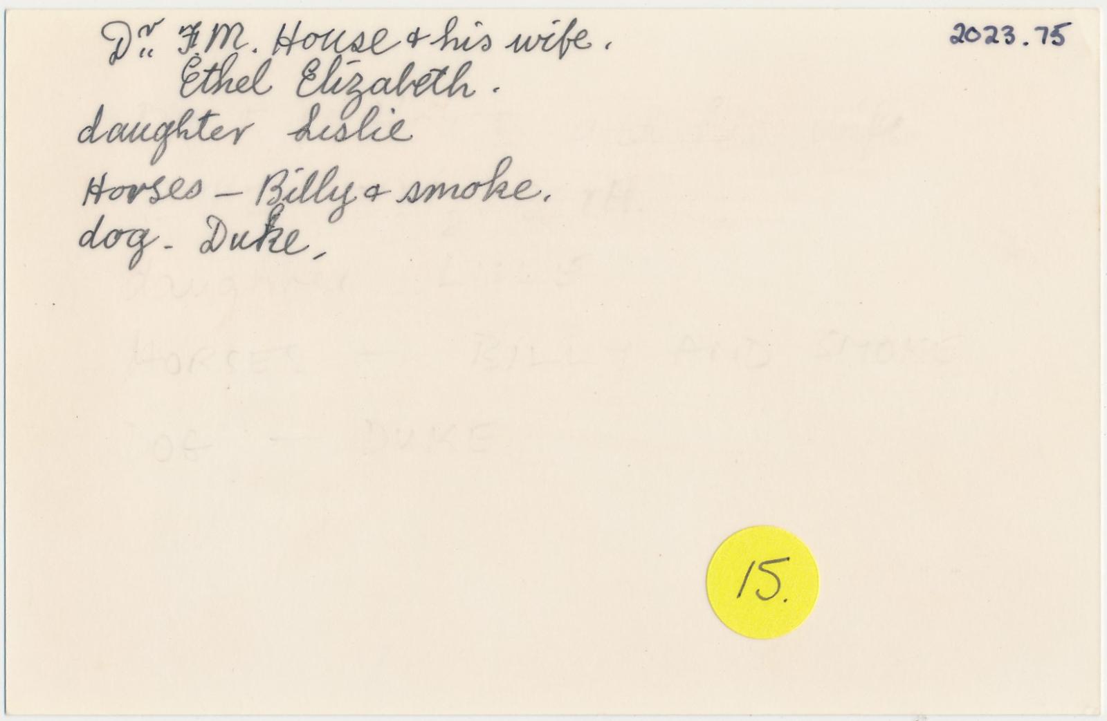 Back of photograph of Dr F.M. House and his family