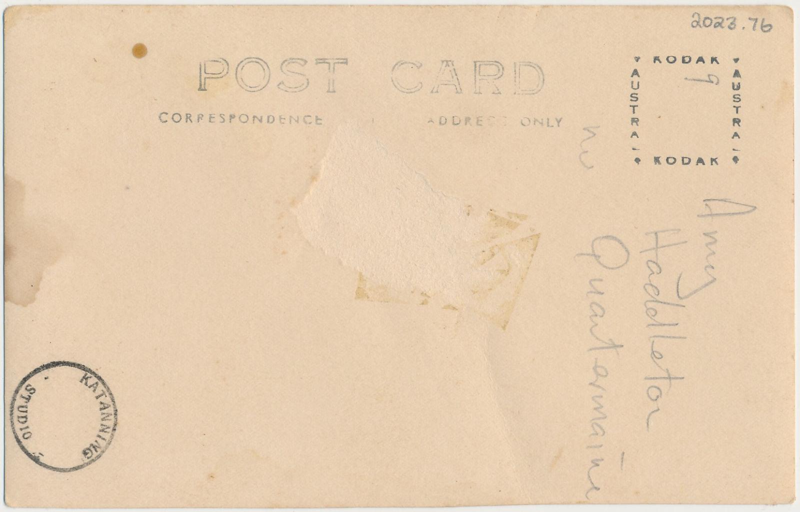 Back of postcard of Amy Haddleton nee Quartermaine