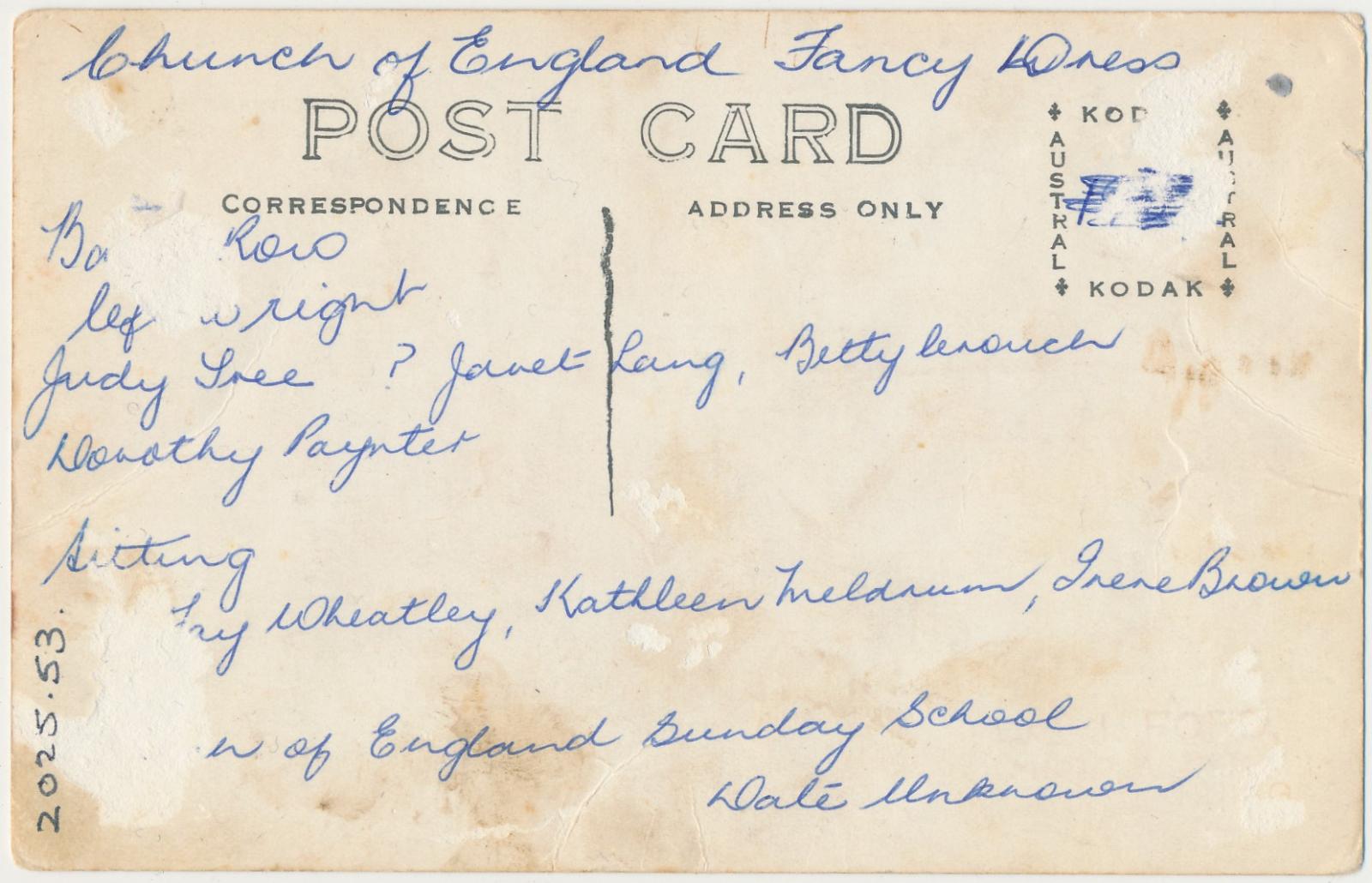 Back of postcard of Church of England Fancy Dress Event