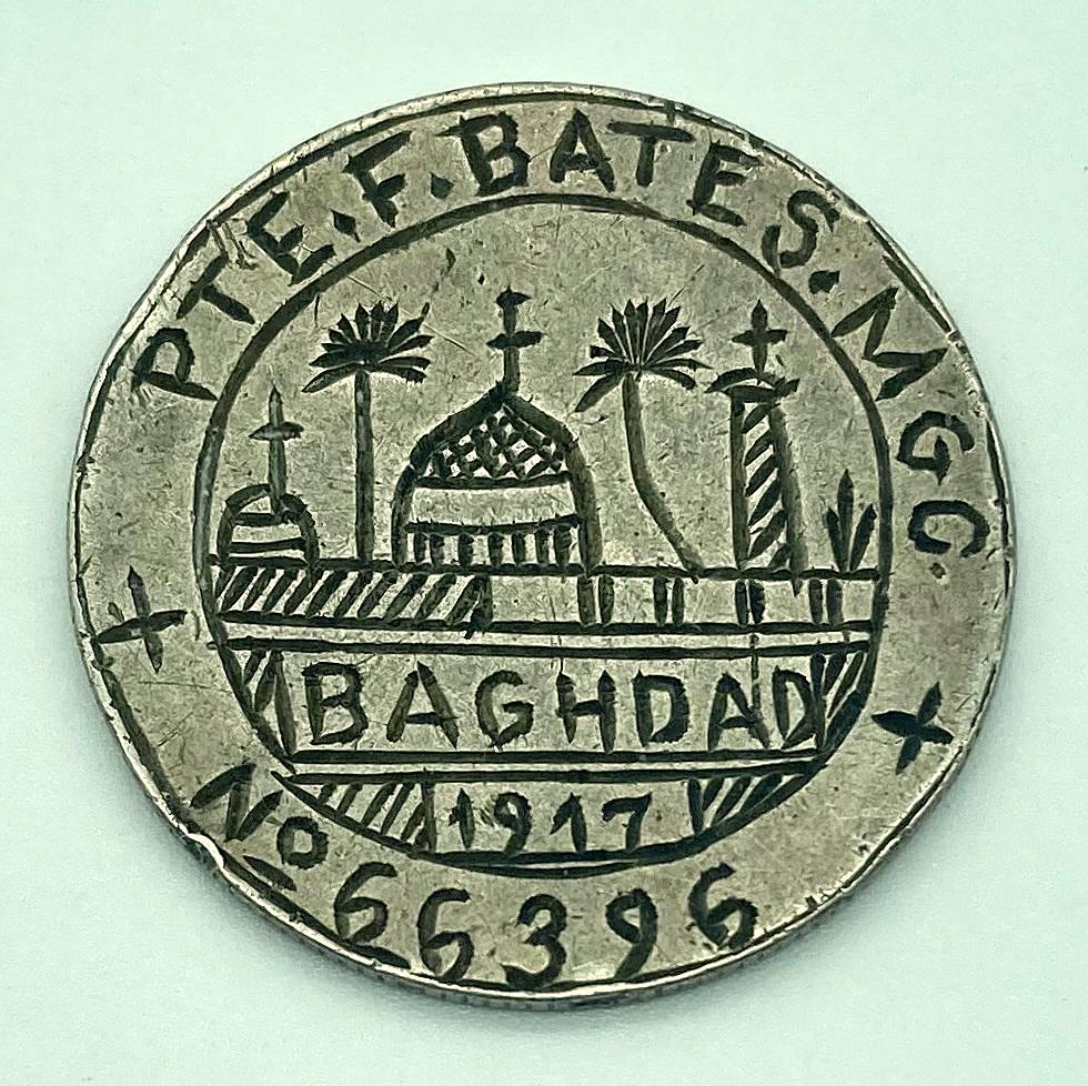 WWI trench art identity disc made from coin by Private Frank Bates