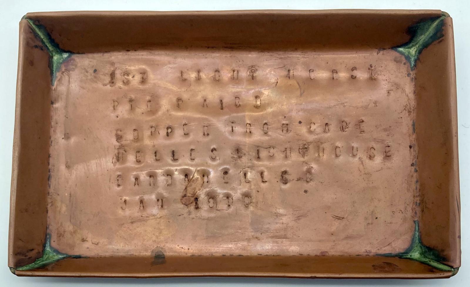 Top view of copper tray made from dome of Cape Helles Lighthouse, Dardanelles
