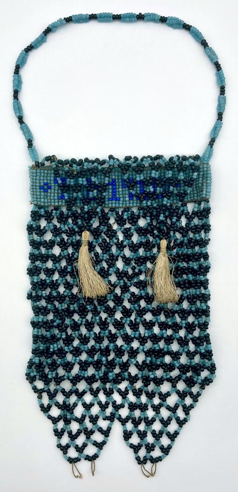 Ottoman prisoner of war beadwork bag with tassels hanging down