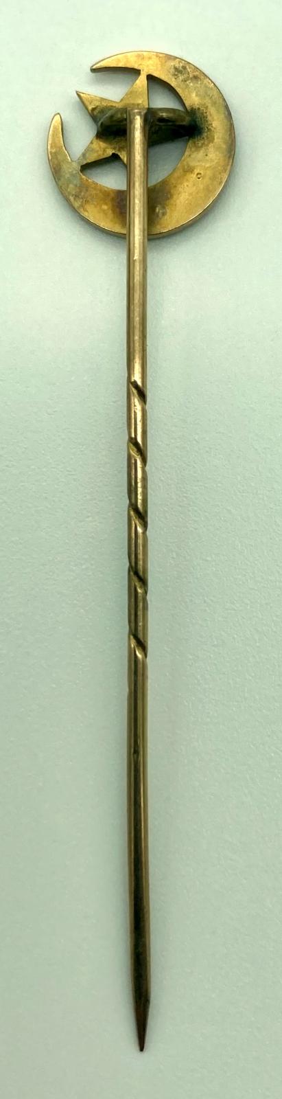 Reverse of Ottoman gold and seed pearl stick pin in form of crescent and star