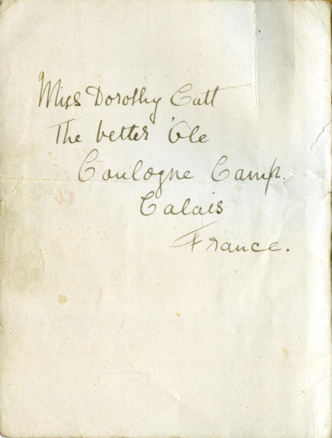 Inside cover of souvenir booklet 'W.G.T.'s Women Carpenters in France' showing inscription